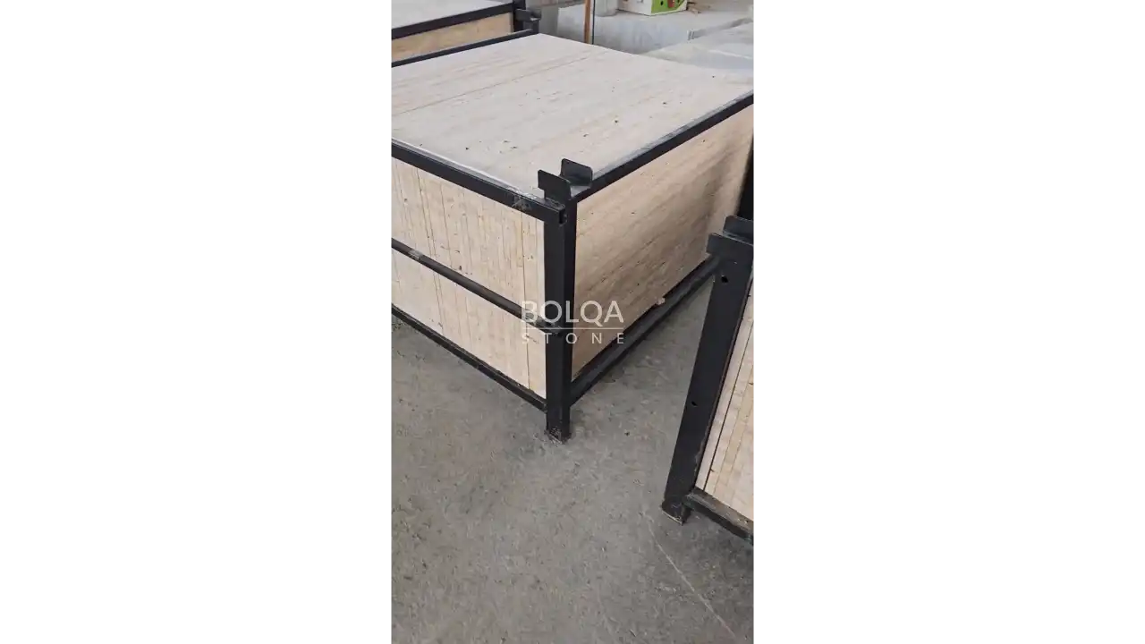 beige travertine tiles in iron crates